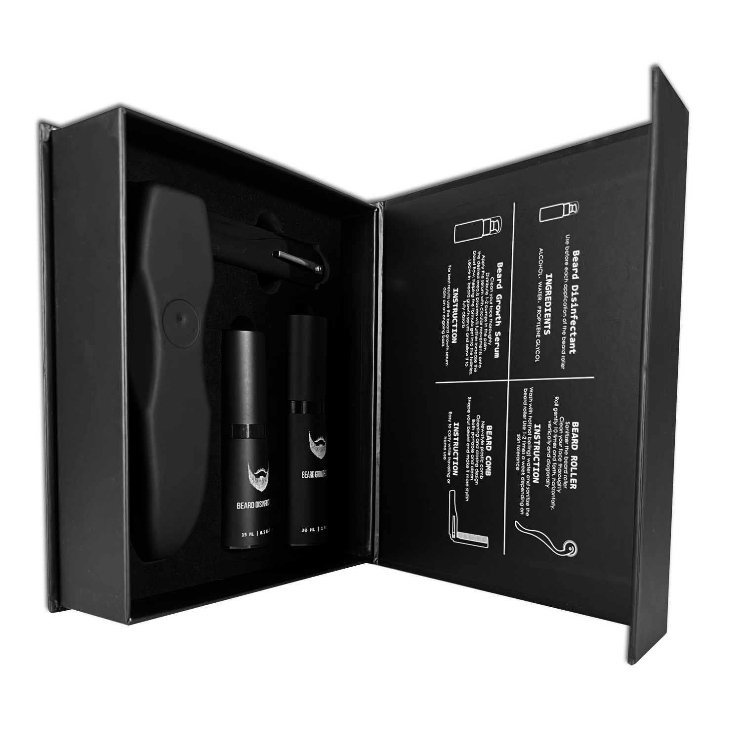 The beard growth kit that contains the derma beard roller and the beard oil serum, use it to get a thicker beard